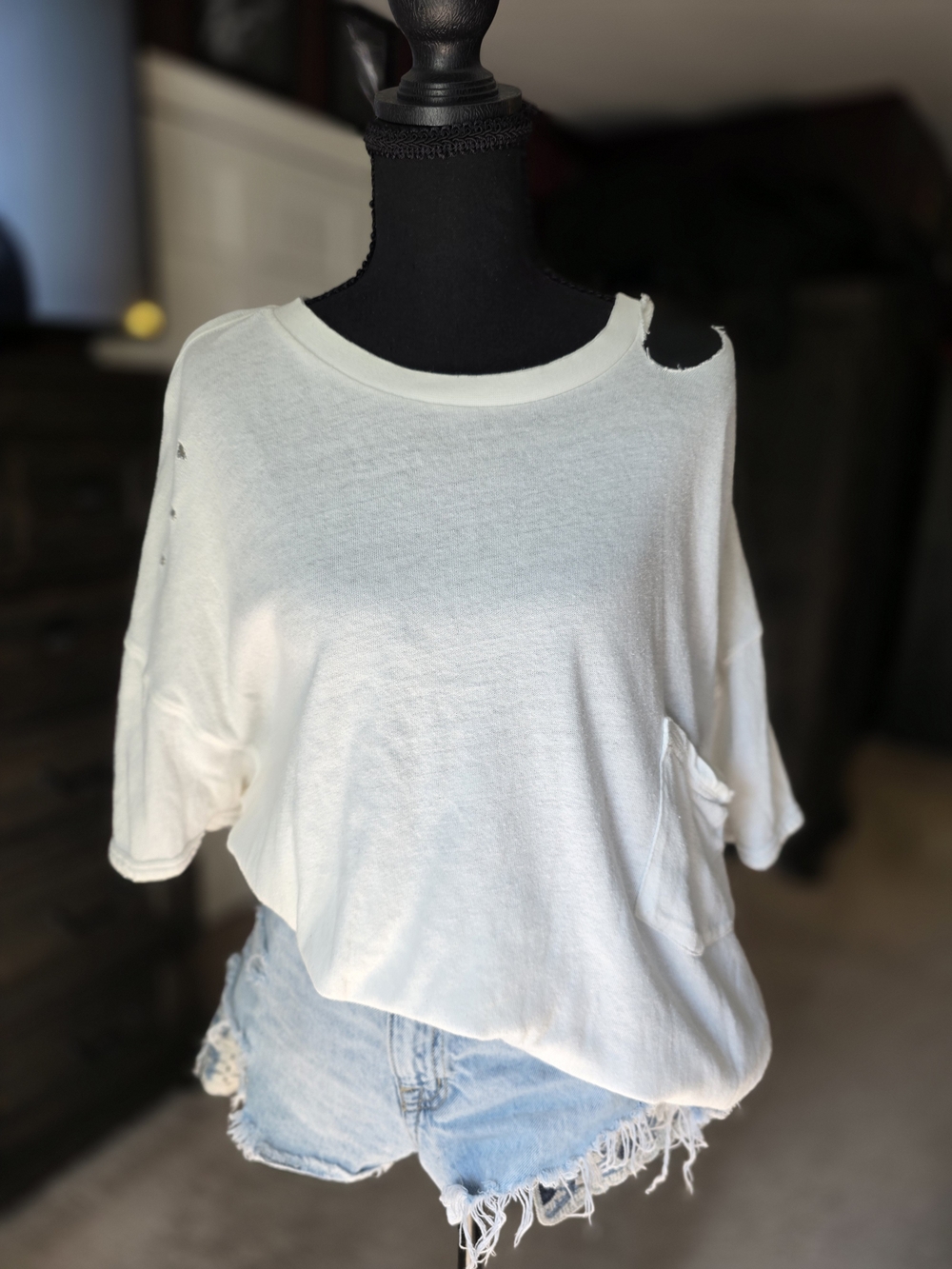 Free People White Distressed Short Sleeve Pocket Tee